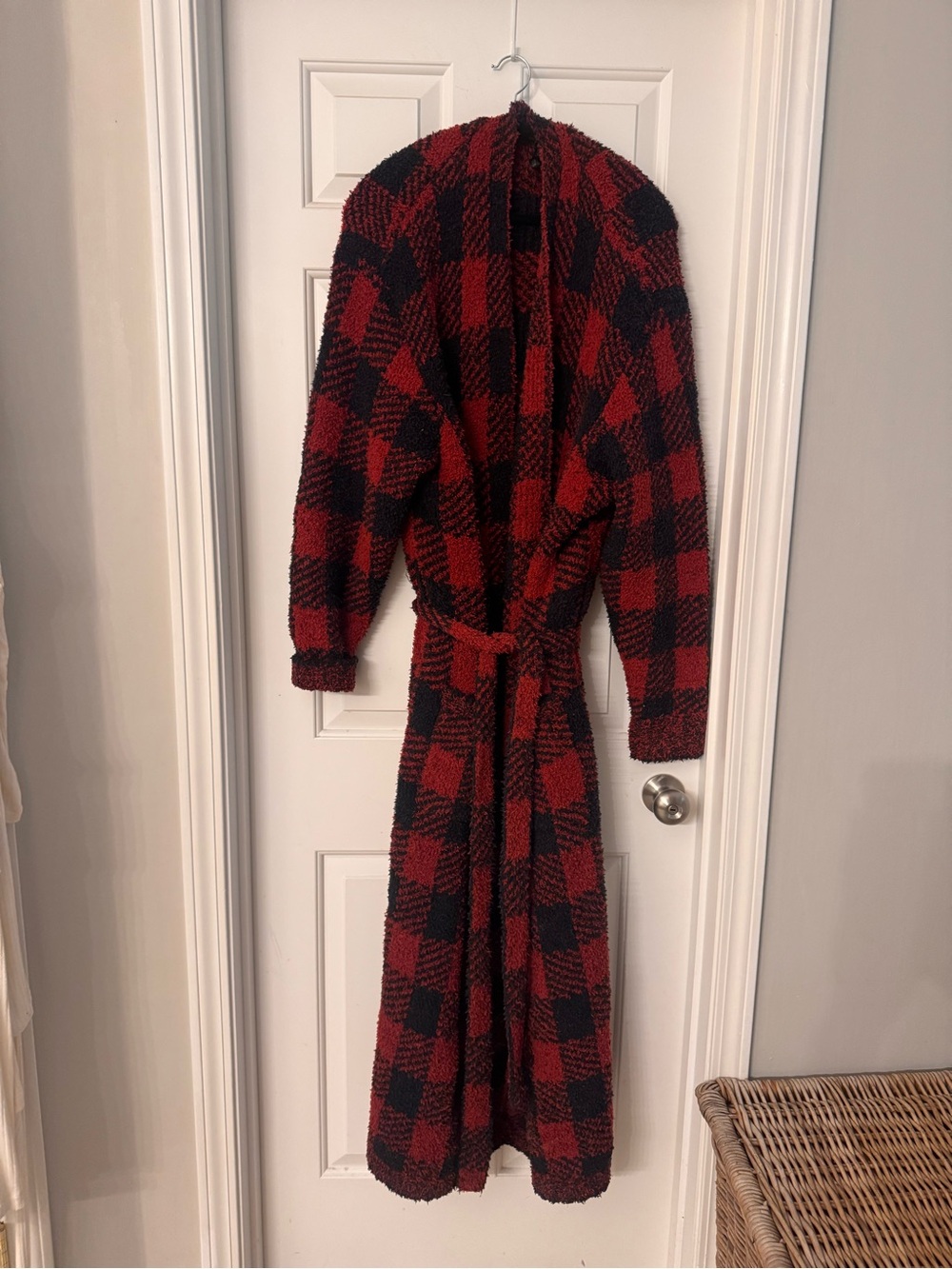 SKIMS L/XL Red and Black Plaid Long Robe with Tie Belt